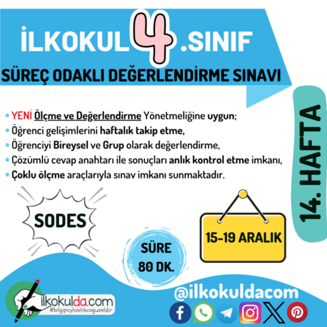 4. Sınıf 14. Hafta (15-19 Aralık) Süreç Değerlendirme Sınavı (SODES)