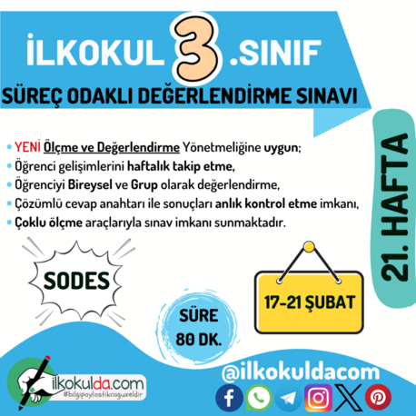 3. Sınıf 21. Hafta (17-21 Şubat) Süreç Değerlendirme Sınavı (SODES)