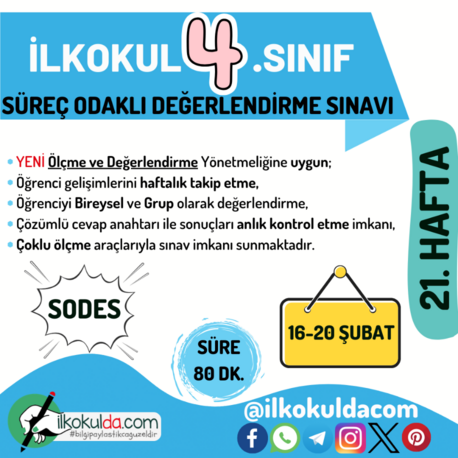 4. Sınıf 21. Hafta (16-20 Şubat) Süreç Değerlendirme Sınavı (SODES)