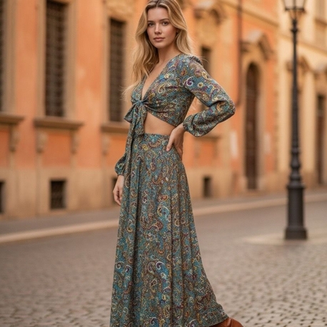 Hint İpeği Crop ve Plazzo Pantolon Takım