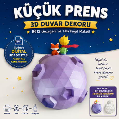 Küçük Prens 3D Duvar Dekoru PDF Şablonu | B612 Gezegeni ve Tilki Kağıt Maketi
