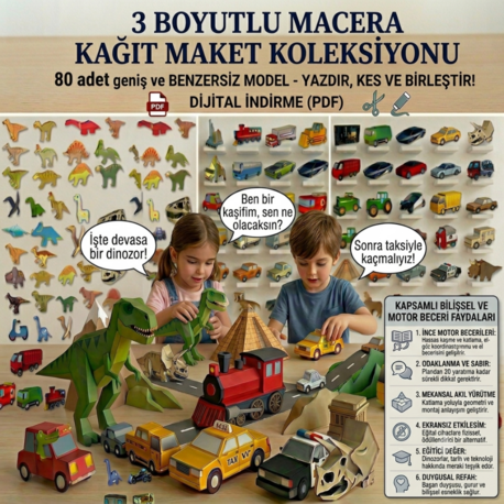 3D Kağıt Maket Seti (80 Modelli Dev PDF) - Eğitici Maket Oyuncak, Evde Montessori Aktivitesi