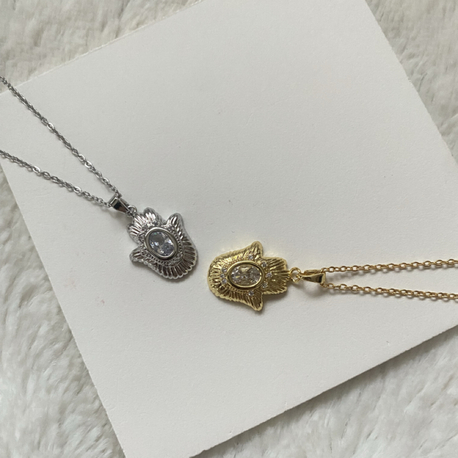 Oval Taşlı Hamsa (Fatma Ana El) Çelik Kolye