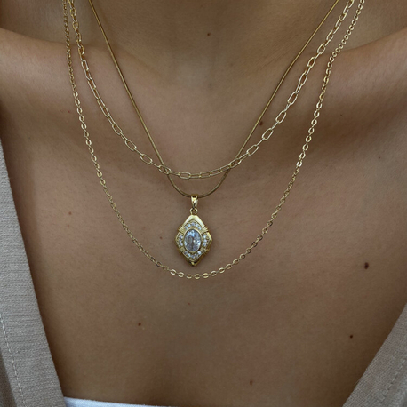 Crystal | Vintage Oval Taşlı Gold Çelik Kolye