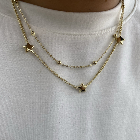 Özel Seri | 14K Dorika Zincirli ve 3’lü Yıldız İkili Kombin Kolye