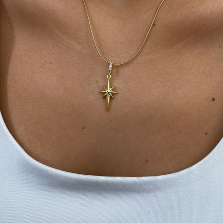 Minimal Kuzey Yıldızı Gold Çelik Kolye (Yılan Model Zincir) 