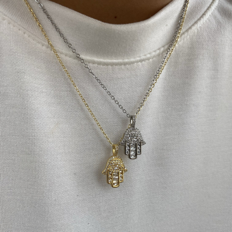 Zirkon Taşlı Fatma Ana (Hamsa) Çelik Kolye