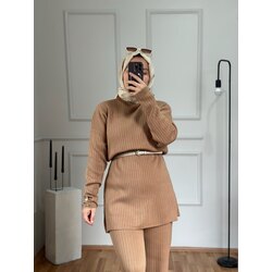 Kolu Düğme Detaylı Fitilli Triko Takım Sütlü Kahve