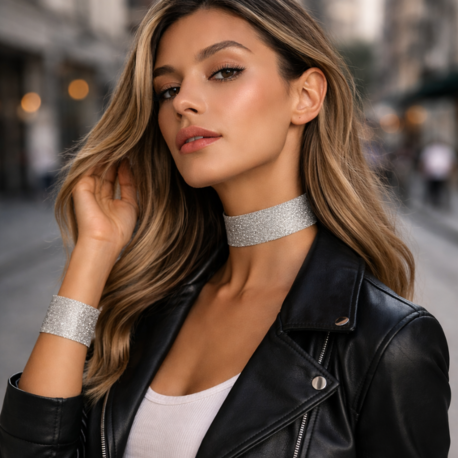 Gümüş Simli Elastik Choker ve Bileklik Seti - Eni 4 cm