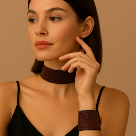 Bakır Renk Simli Choker ve Bileklik Seti - Eni 4 cm