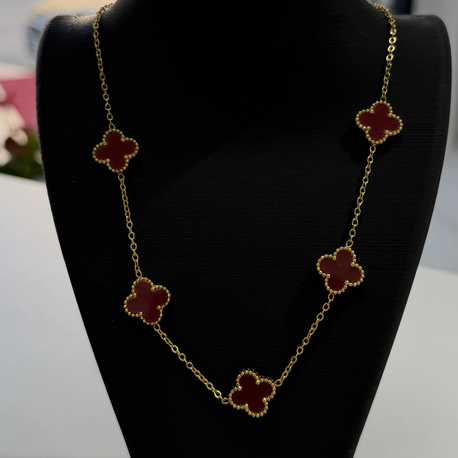 Bordo Yonca Detaylı Gold Kolye