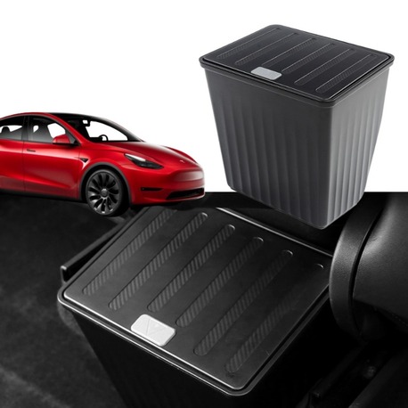 Tesla Model Y Arka Koltuk Ortasına Takılan Basıp Açılır Kapaklı Çöp Kutusu, Mat Siyah Renk