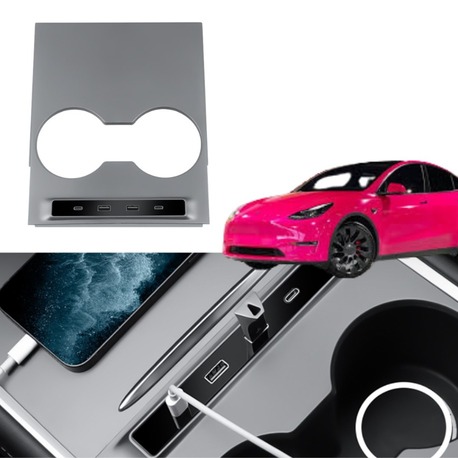 Tesla Model Y / Model 3 Orta Konsol Kaplaması USB Girişi Hızlı Şarj 4' lü Kablo Merkezi, Siyah