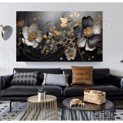 Siyah Çiçekler Dekoratif Kanvas Tablo 60x120 cm