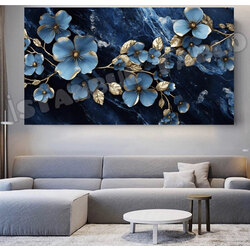 Mavi Laci Çiçekler Kanvas Tablo 60x120 cm