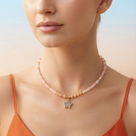 Soft Pembe ve Turuncu Kristal Boncuklu Yıldız Kolye
