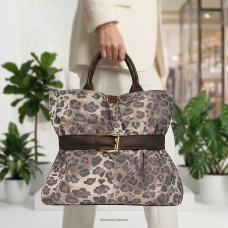 Denim kumaş, leopar XL el çantası 