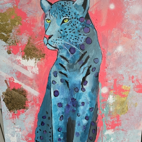 Dreams Serisi – Mavi Leopar | 70x100 cm Akrilik & Karışık Teknik