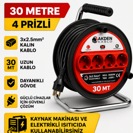 AKDEN Kablo 30 Metre 3x2,5mm Makaralı Uzatma Kablosu Tam Kesit Kaynak Makinası Kullanıma Uygundur
