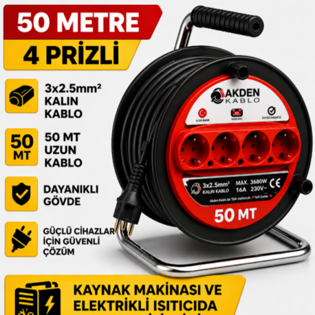 AKDEN Kablo 50 Metre 3x2,5mm Makaralı Uzatma Kablosu Tam Kesit Kaynak Makinası Kullanıma Uygundur