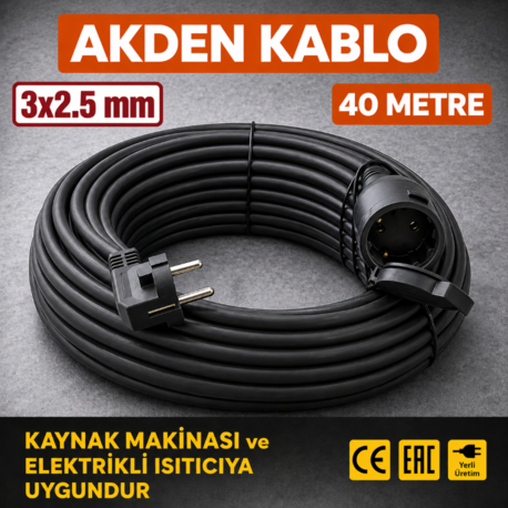 AKDEN Kablo 40 Metre 3x2,5mm Uzatma Kablosu Tam Kesit Kaynak Makinası Kullanıma Uygundur