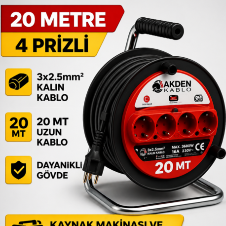 AKDEN Kablo 20 Metre 3x2,5mm Makaralı Uzatma Kablosu Tam Kesit Kaynak Makinası Kullanıma Uygundur