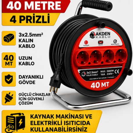 AKDEN Kablo 40 Metre 3x2,5mm Makaralı Uzatma Kablosu Tam Kesit Kaynak Makinası Kullanıma Uygundur