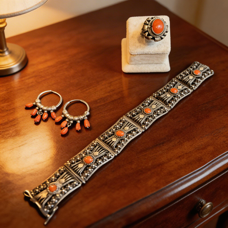 Osmanlı mercan taşlı gümüş set