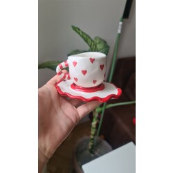Fırfırlı Kalp Fincan Seti - tamamen el yapımı, sır altı 