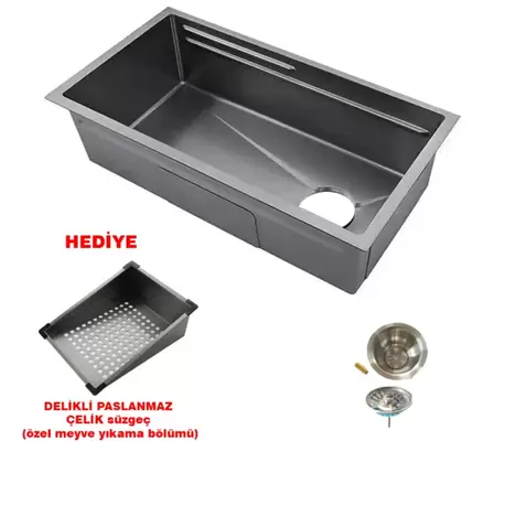304 paslanmaz çelik antrasit eviye premium honeycomb petekli 75x41x22cm