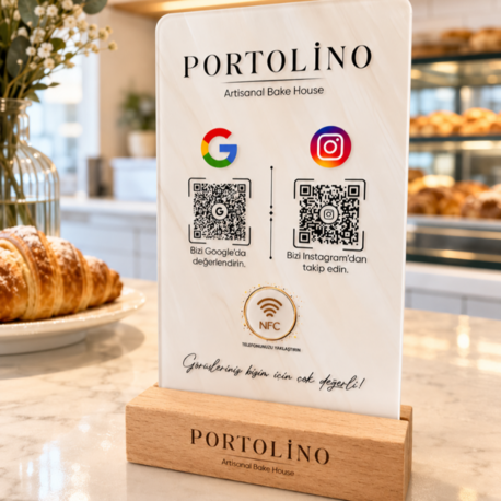 Çift QR & NFC Özellikli PleksiGlass Stant Marble Desen