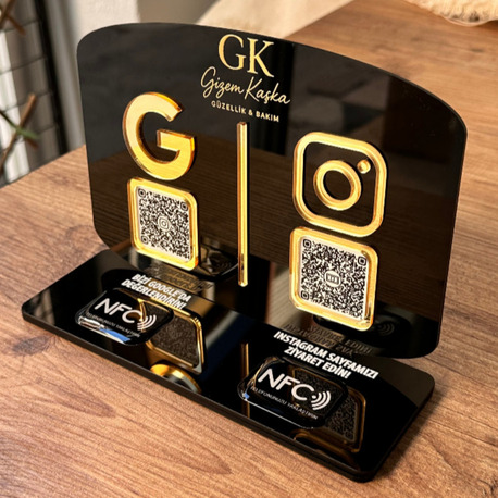 Çift QR & NFC Özellikli PleksiGlass Stant Yatay Oval Tasarımlı