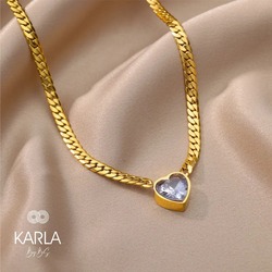 TAŞLI KALP KOLYE - ÇELİK - GOLD - 45 CM