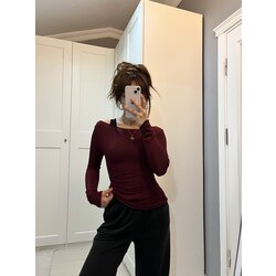 Transparan geniş yaka bordo bluz