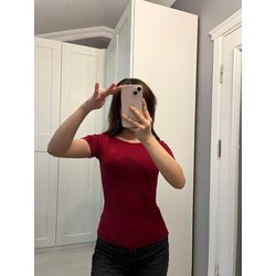 Geniş Yaka Bordo Kısa Kollu
