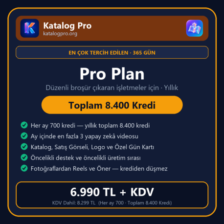 Katalog Pro — Pro Plan (Yıllık Üyelik · Toplam 8.400 Kredi)
