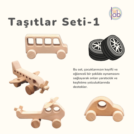 Taşıtlar Seti - Uçak, Helikopter, Minibüs, Otomobil Ahşap Oyuncaklar