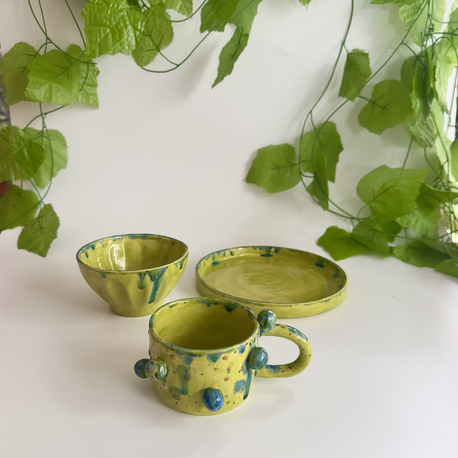 Lime Garden Seramik Set – El Yapımı Kupa, Kase & Tabak