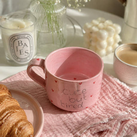 Cute But Tired Pembe El Yapımı Seramik Kupa | Kalpli Kahve Kupası