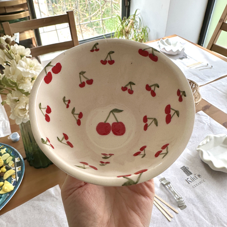 Cherry & Ribbon El Yapımı Seramik Kase