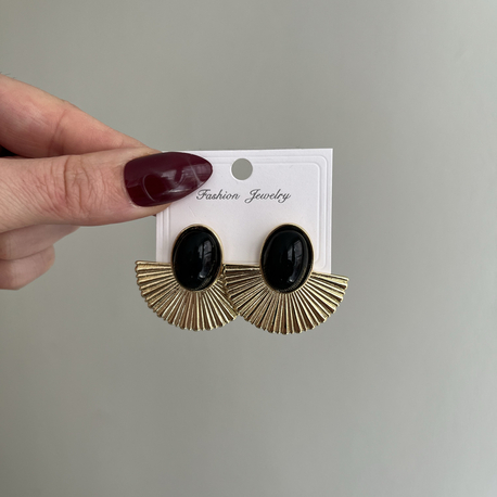 Retro Yelpaze Küpe Siyah Taş Detaylı | Gold