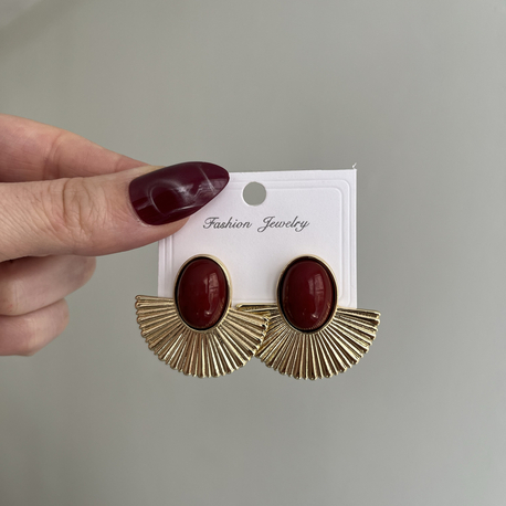 Retro Yelpaze Küpe Bordo Taş Detaylı | Gold