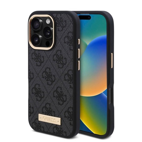 Apple iPhone 16 Pro Kılıf Guess Orjinal Lisansl 4G Desenli PU Metal Plaka Kla