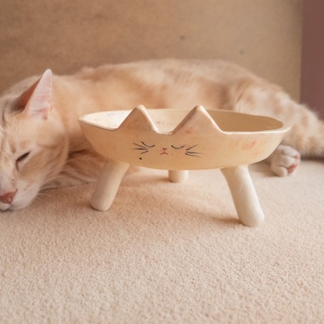 El Yapımı Kedi Yüzlü Yükseltilmiş Seramik Kedi Mama Kabı — 19 cm | Kuimo