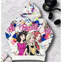 Barbie Baskılı Sweatshirt  Dijital Pop Art Baskılı Kapüşonlu Kız Çocuk Barbie Sweatshirt