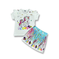 Kumy Baby Kids Unicorn Boynuzlu At Desenli Kız Çocuk Tişört ve  Pileli Etekli İkili Takım