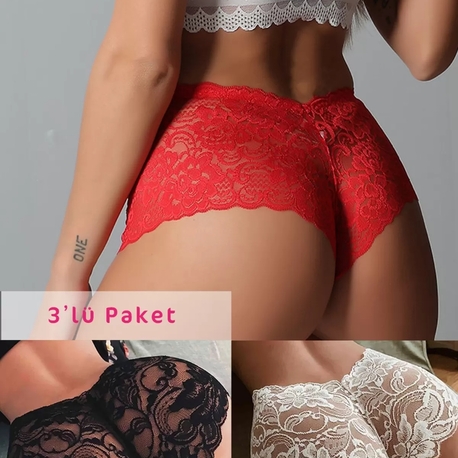 Siyah Beyaz Kırmızı 3'lü Paket Dantel Tanga Şort Külot