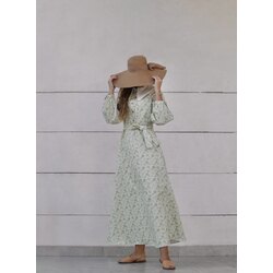 Yaka Detaylı Vintage Cepli Düğmeli Çiçek Desenli Açık Yağ Yeşili Fairytale Elbise