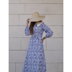 Yaka Detaylı Vintage Cepli Düğmeli Çiçek Desenli Mavi Fairytale Elbise