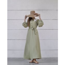 Yaka Detaylı Vintage Cepli Düğmeli Açık Yağ Yeşili Fairytale Elbise